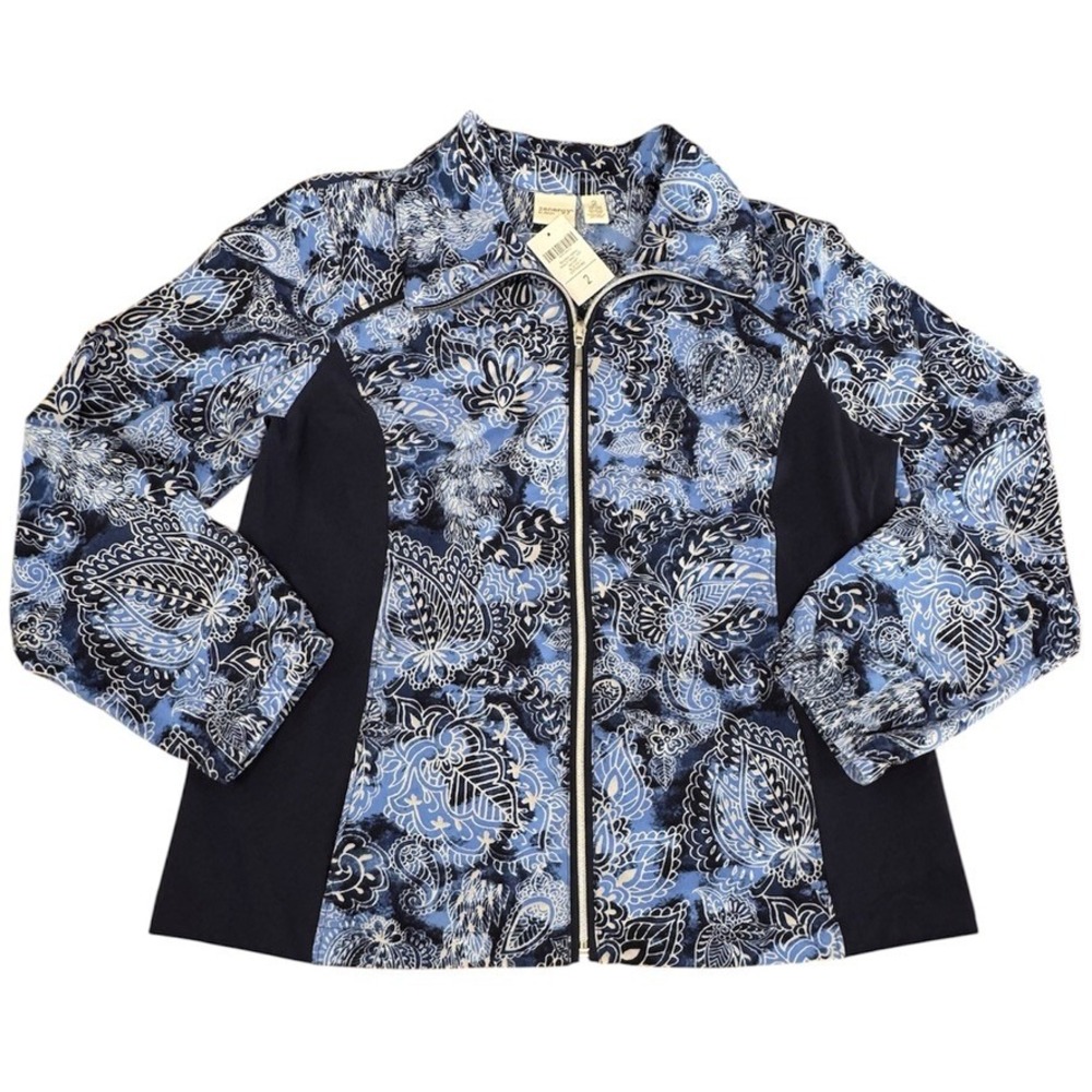 NWT Zenergy by Chicos Neema Paisley Print Full Zip Jacket Blue Multi 2 Large